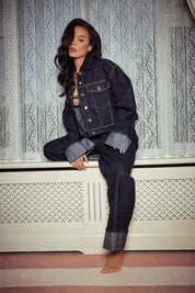 Ensemble femme en denim – Veste à col & pantalon, style chic intemporel