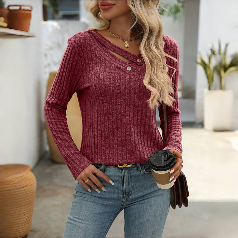 Blouse femme casual unie col V boutonné – Manches longues élégantes
