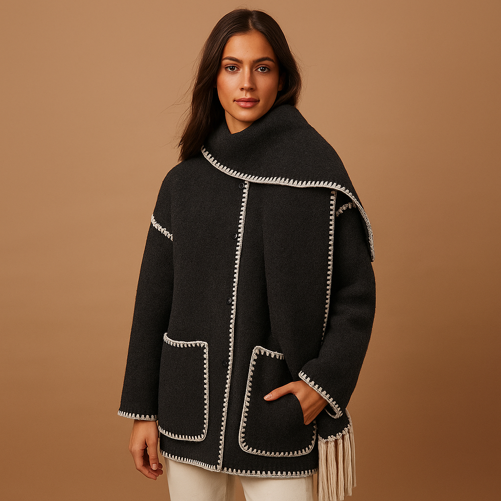 Manteau d’hiver femme Amara – Long élégant avec ceinture et écharpe assortie