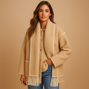 Manteau d’hiver femme Amara – Long élégant avec ceinture et écharpe assortie