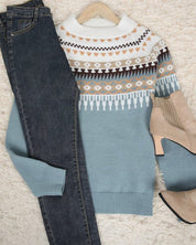 Pull femme jacquard Fair Isle – laine mélangée chaude & col rond