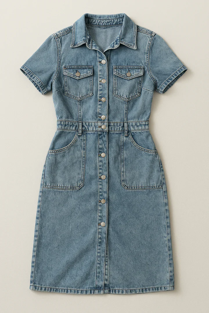robe en jean Eva — manches courtes, boutonnée & charme denim