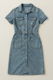 robe en jean Eva — manches courtes, boutonnée & charme denim