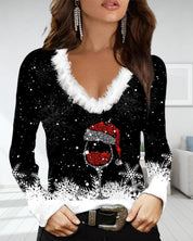 Pull de Noël Mirelle femme – tricot V-neck imprimé & col fluffy