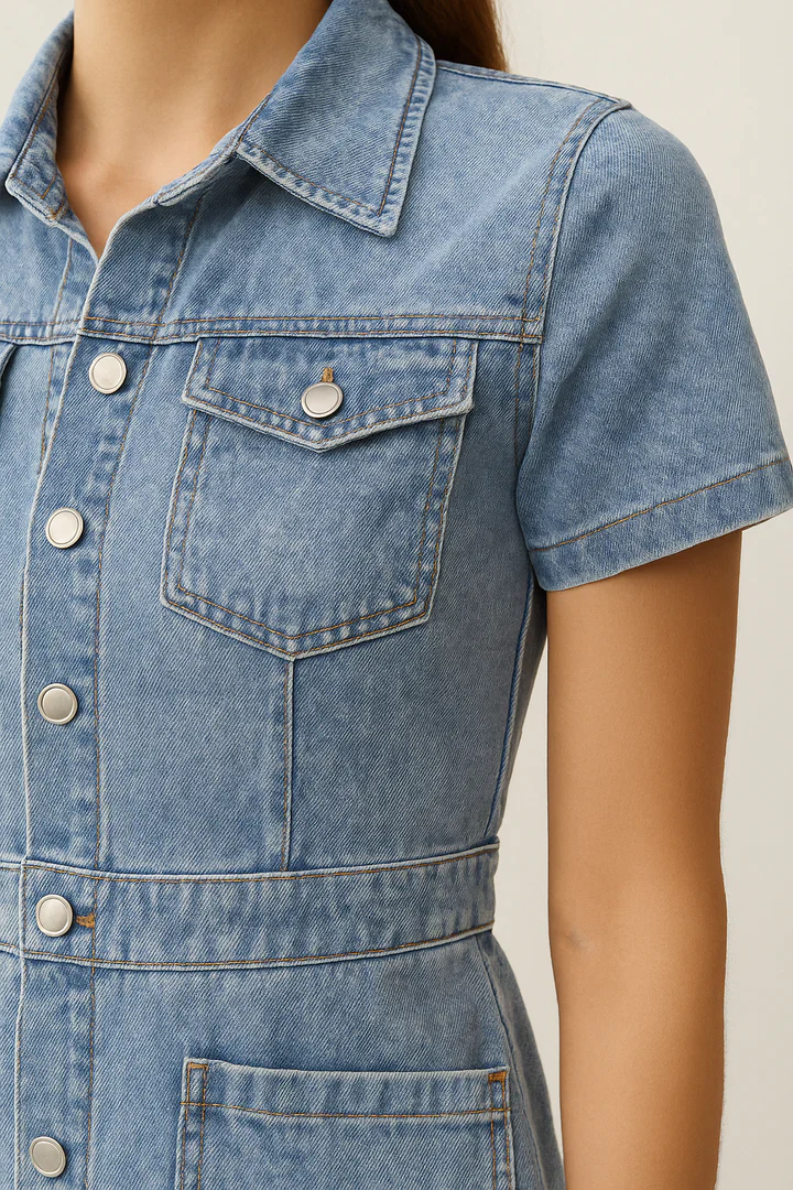 robe en jean Eva — manches courtes, boutonnée & charme denim