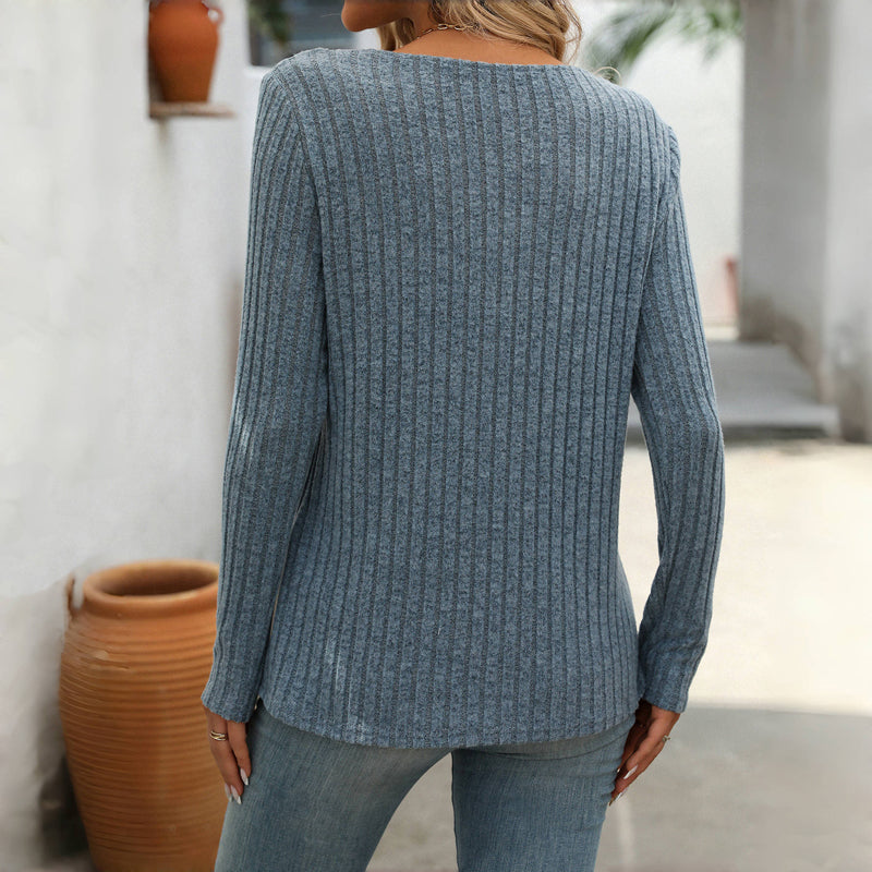 Blouse femme casual unie col V boutonné – Manches longues élégantes