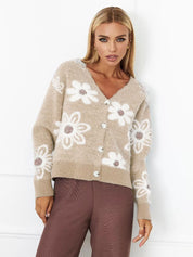 Gilet femme court en maille – motif fleuri, coupe décontractée & col V