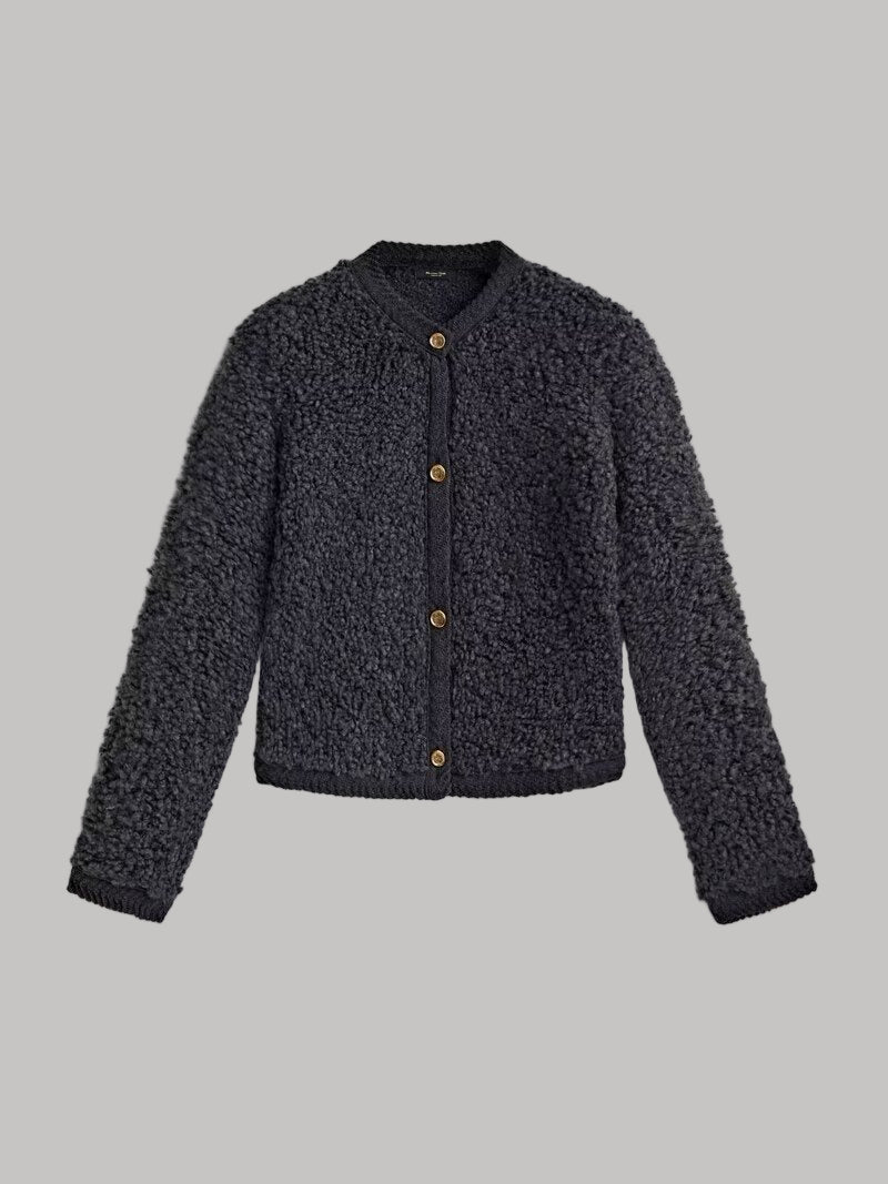 Gilet femme “shaggy knit” cropped – maille douce & boutonné