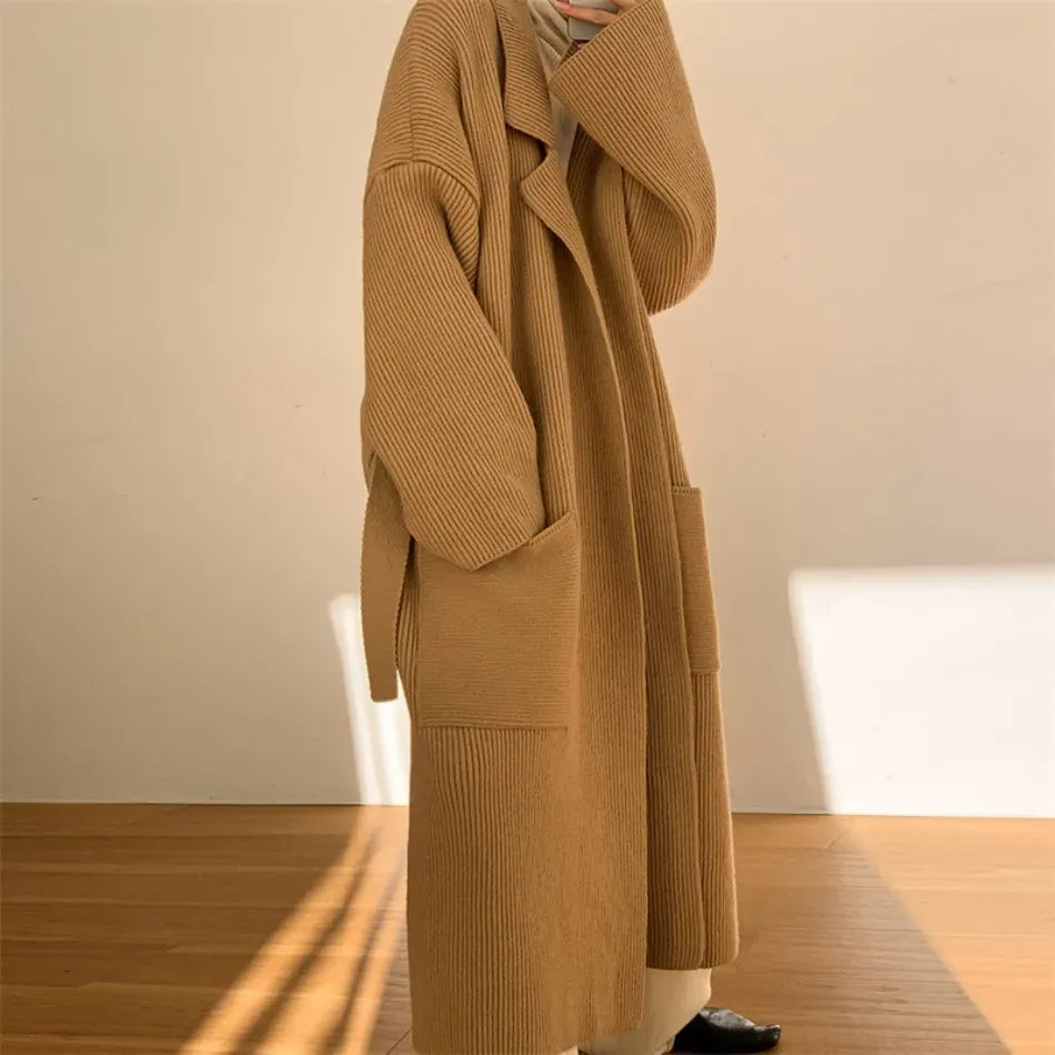 Long gilet femme oversize – Cardigan à côtes avec poches et devant ouvert