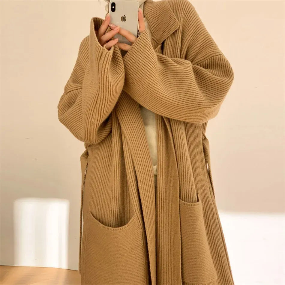 Long gilet femme oversize – Cardigan à côtes avec poches et devant ouvert