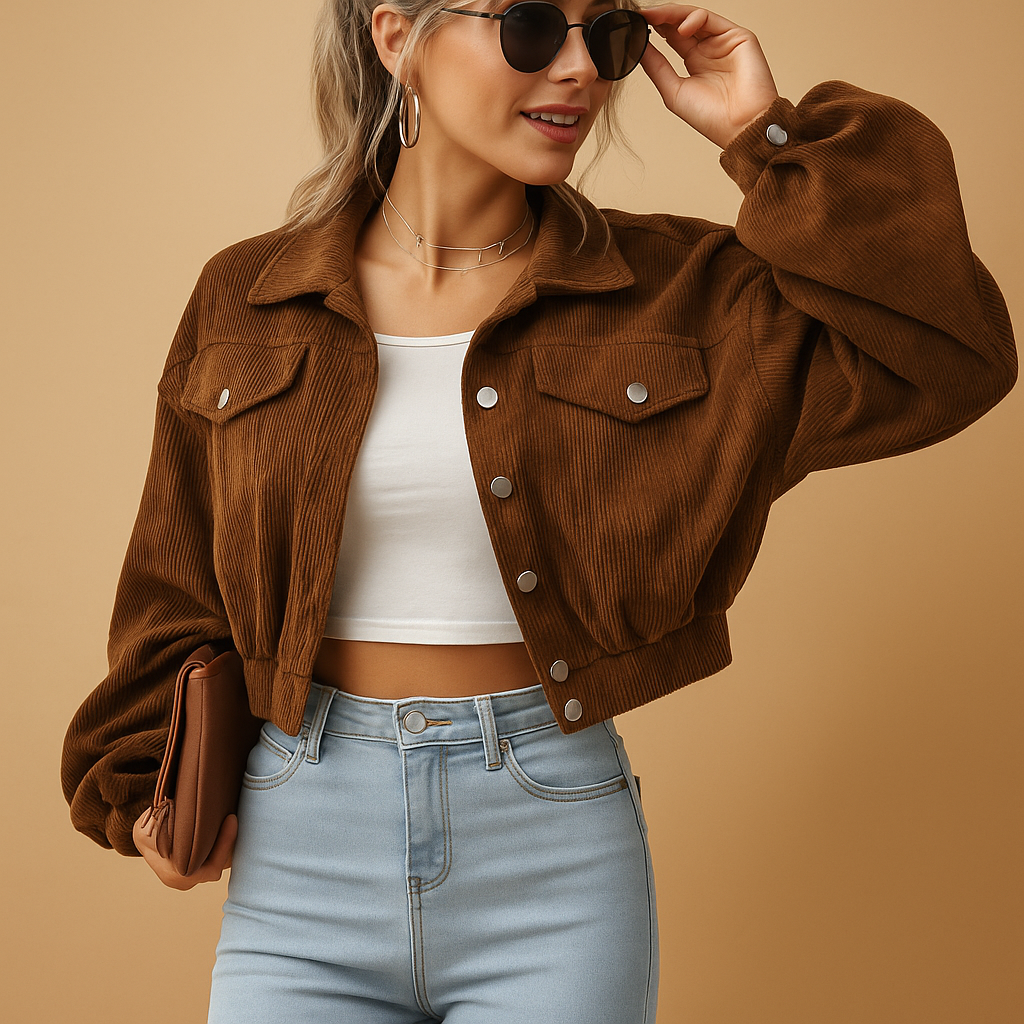 Veste courte femme Yara en velours côtelé – Coupe cropped et boutons argentés