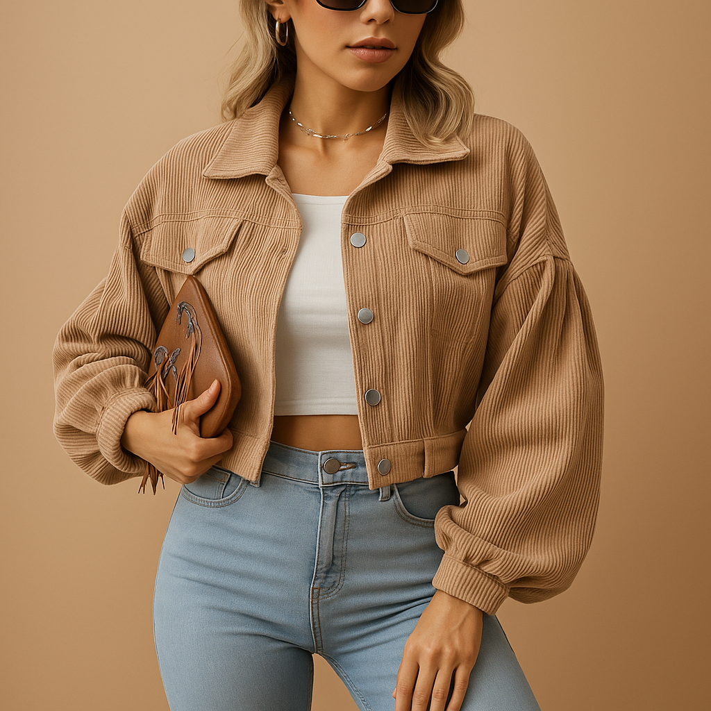 Veste courte femme Yara en velours côtelé – Coupe cropped et boutons argentés