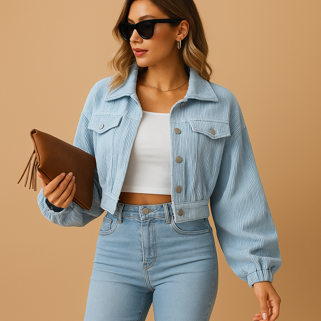 Veste courte femme Yara en velours côtelé – Coupe cropped et boutons argentés