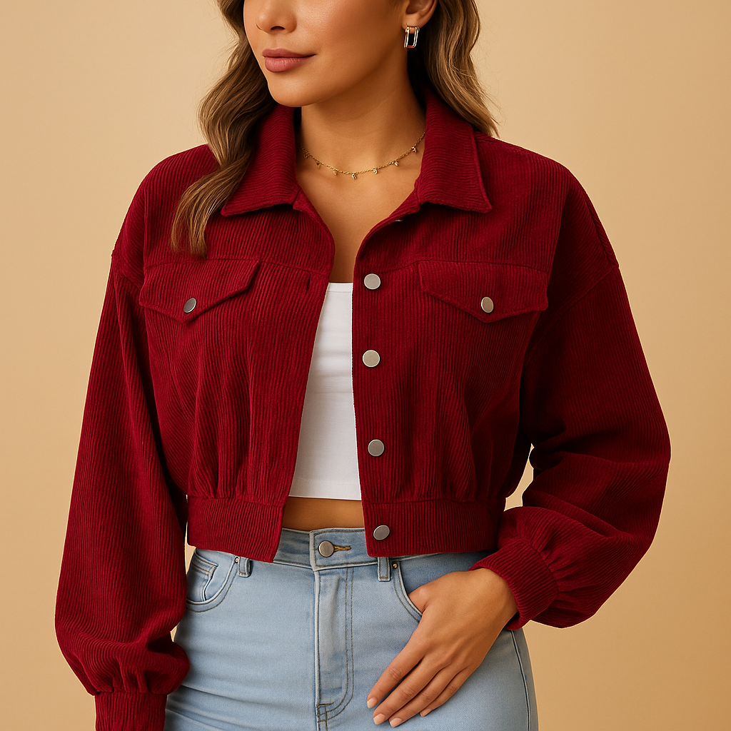 Veste courte femme Yara en velours côtelé – Coupe cropped et boutons argentés