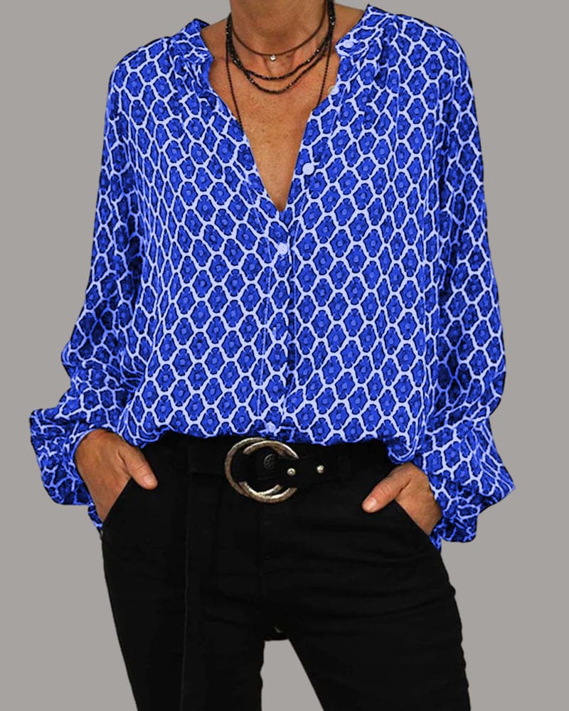 Blouse Femme VADA – Motif Géométrique Chic à Col V & Manches Longues