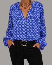 Blouse Femme VADA – Motif Géométrique Chic à Col V & Manches Longues