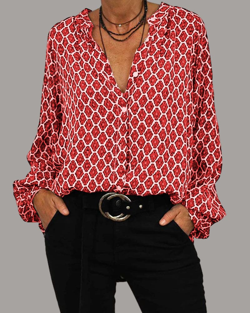 Blouse Femme VADA – Motif Géométrique Chic à Col V & Manches Longues