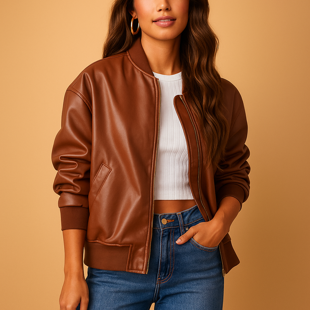 Manteau long en cuir femme Yara – Style baseball chic et sportif