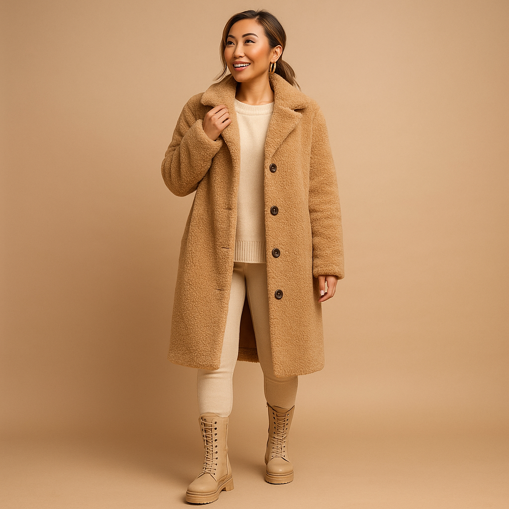 Manteau long femme Nienke en teddy beige – Doux, chaud et élégant