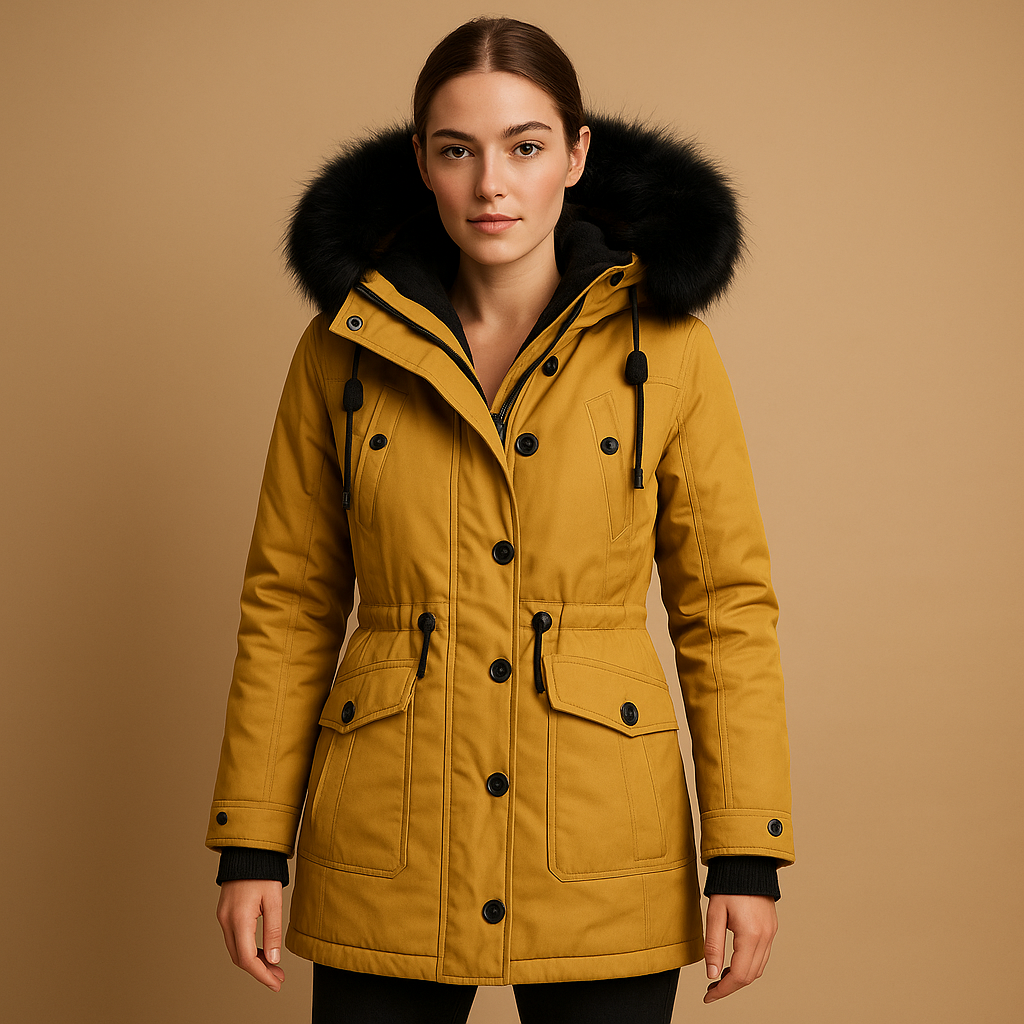 Manteau long d’hiver femme Marije – Imperméable avec col en fausse fourrure