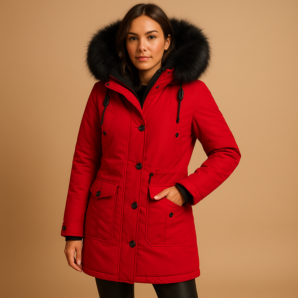 Manteau long d’hiver femme Marije – Imperméable avec col en fausse fourrure