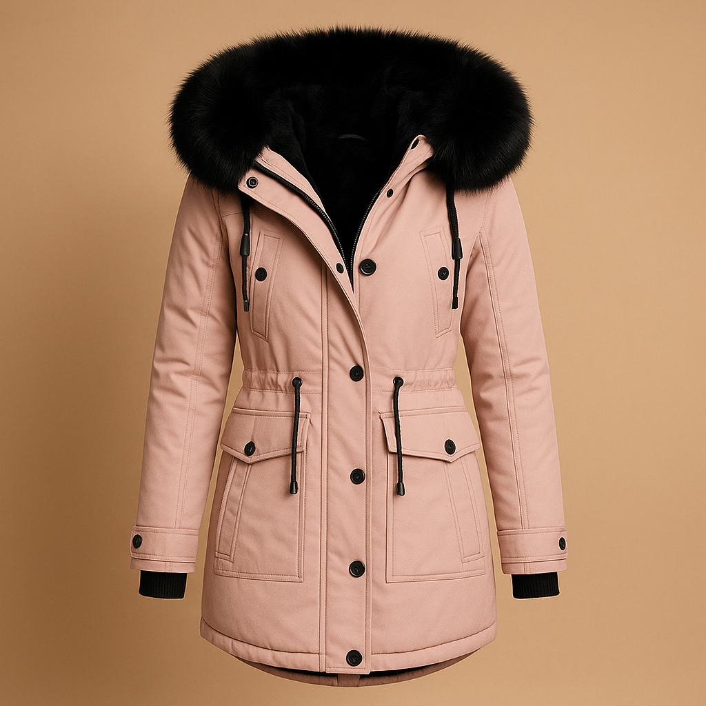 Manteau long d’hiver femme Marije – Imperméable avec col en fausse fourrure