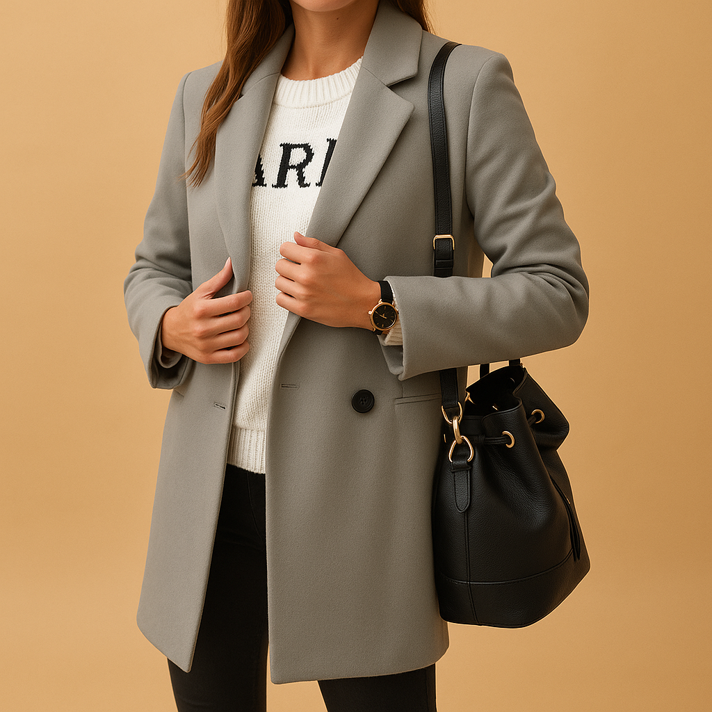 Manteau long femme Marieke – élégance cintrée en anthracite, bleu & camel