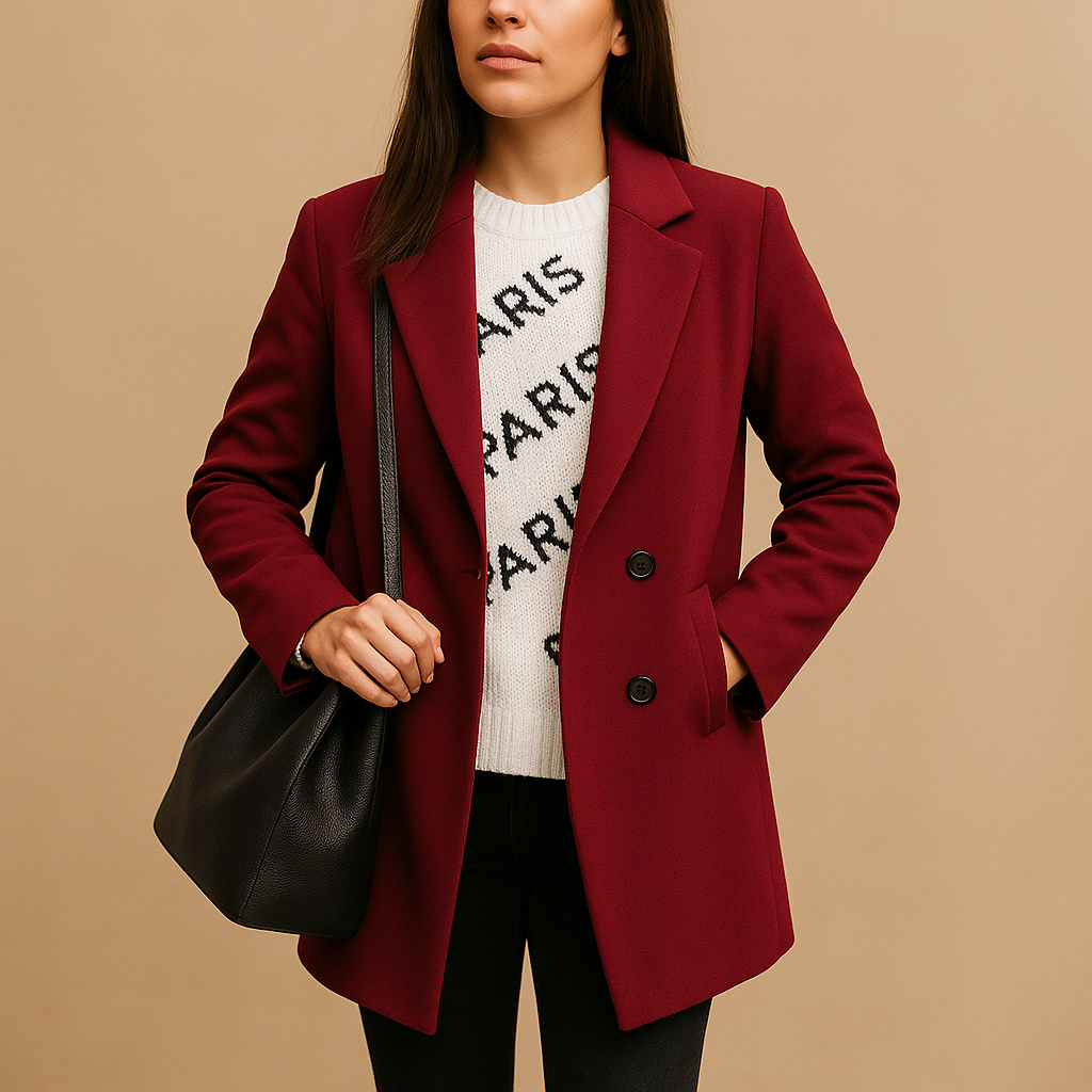 Manteau long femme Marieke – élégance cintrée en anthracite, bleu & camel