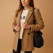 Manteau long femme Marieke – élégance cintrée en anthracite, bleu & camel