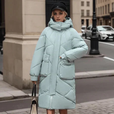 Manteau femme matelassé oversize – Doudoune mi-longue avec capuche et poignets réglables