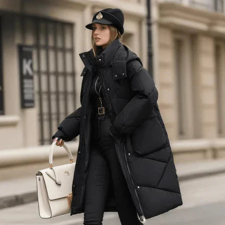 Manteau femme matelassé oversize – Doudoune mi-longue avec capuche et poignets réglables