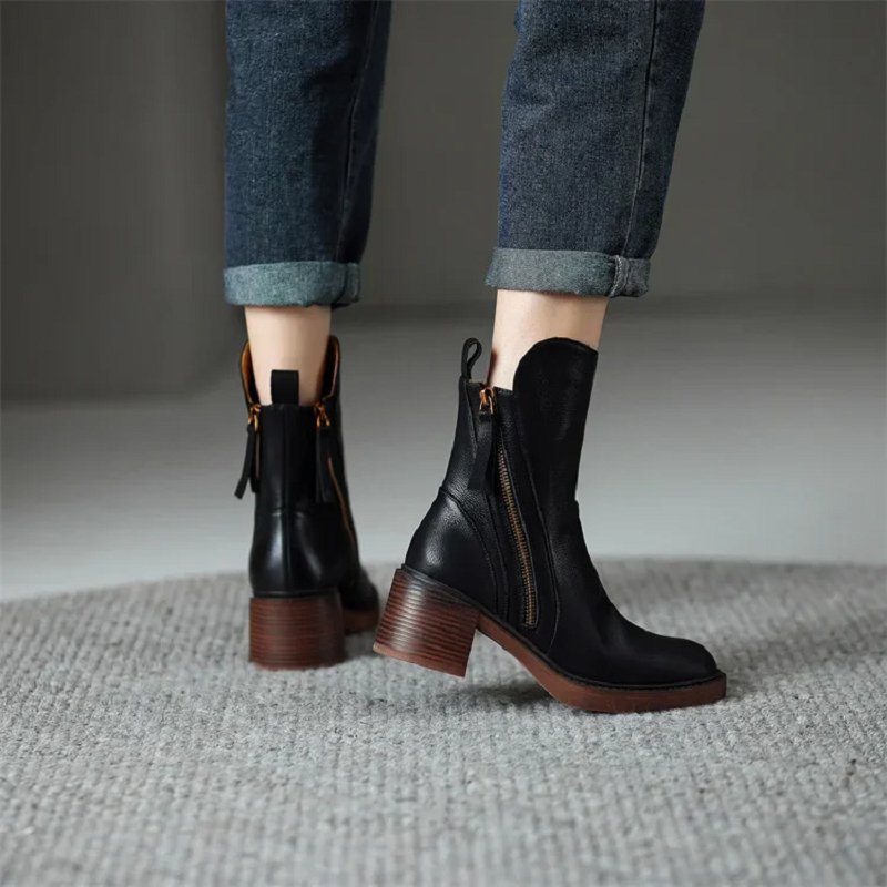 Bottines à talon carré élégantes – Zippées, confort & style sobr