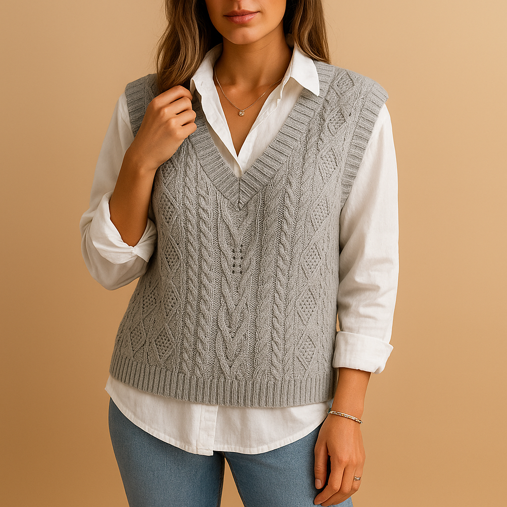 Marit | Gilet Femme Sans Manches Col V – Maille Câblée, Léger & Élégant