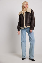 Veste aviateur femme marron foncé – col crème doublé chaud