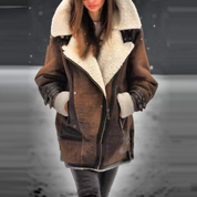 Veste aviateur femme simili cuir brun — doublure polaire chaude & col haut