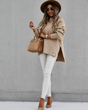Pull Sofia ample col montant & zijsplit – Tricot doux tendance hiver mode