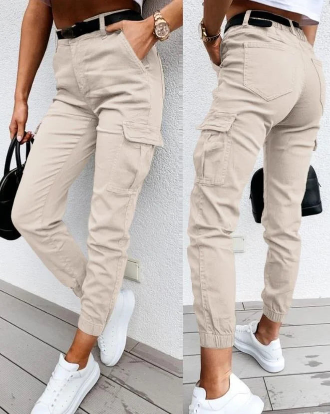 Pantalon cargo femme Sofie – taille haute avec poches latérales & coupe fuselée moderne