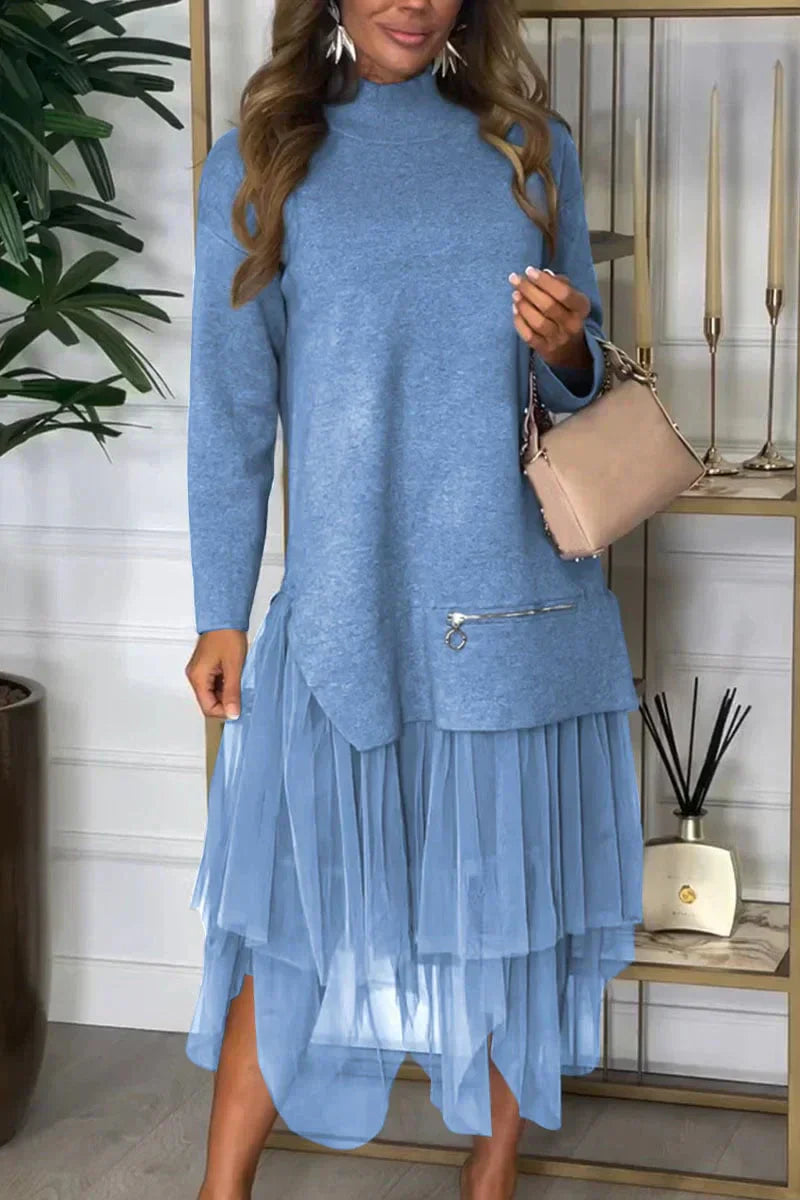 Robe femme Ysolde – casual à manches longues & jupe en mesh midaxi