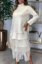 Robe femme Ysolde – casual à manches longues & jupe en mesh midaxi