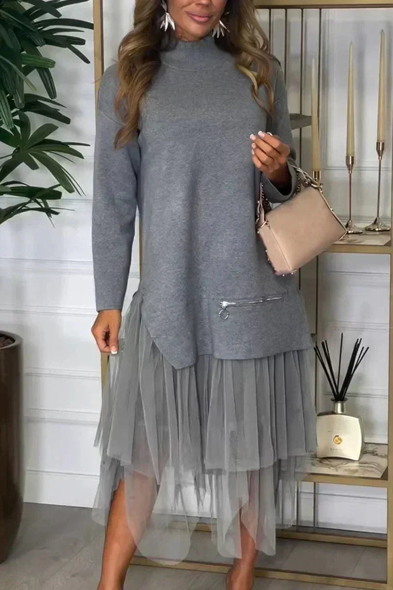 Robe femme Ysolde – casual à manches longues & jupe en mesh midaxi