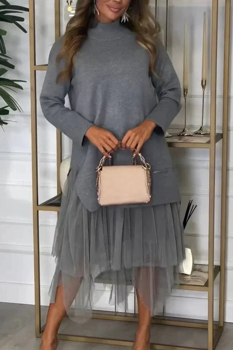 Robe femme Ysolde – casual à manches longues & jupe en mesh midaxi