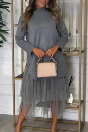 Robe femme Ysolde – casual à manches longues & jupe en mesh midaxi