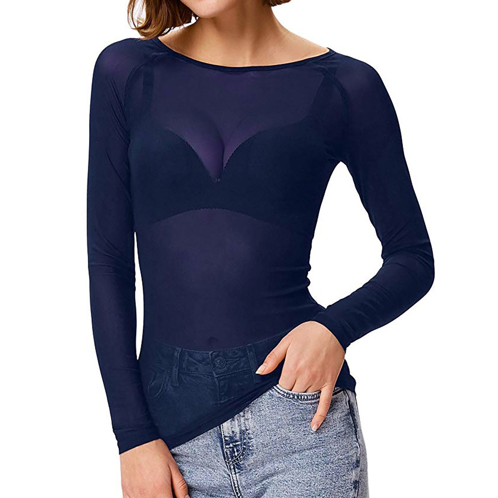 Haut Melinda femme en mesh brillant – Manches longues & style élégant