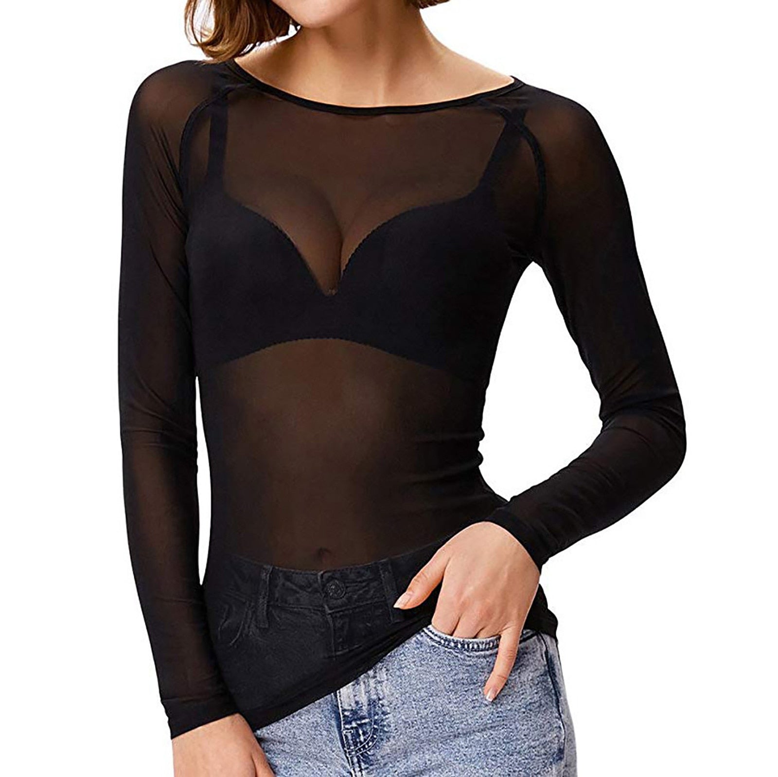 Haut Melinda femme en mesh brillant – Manches longues & style élégant