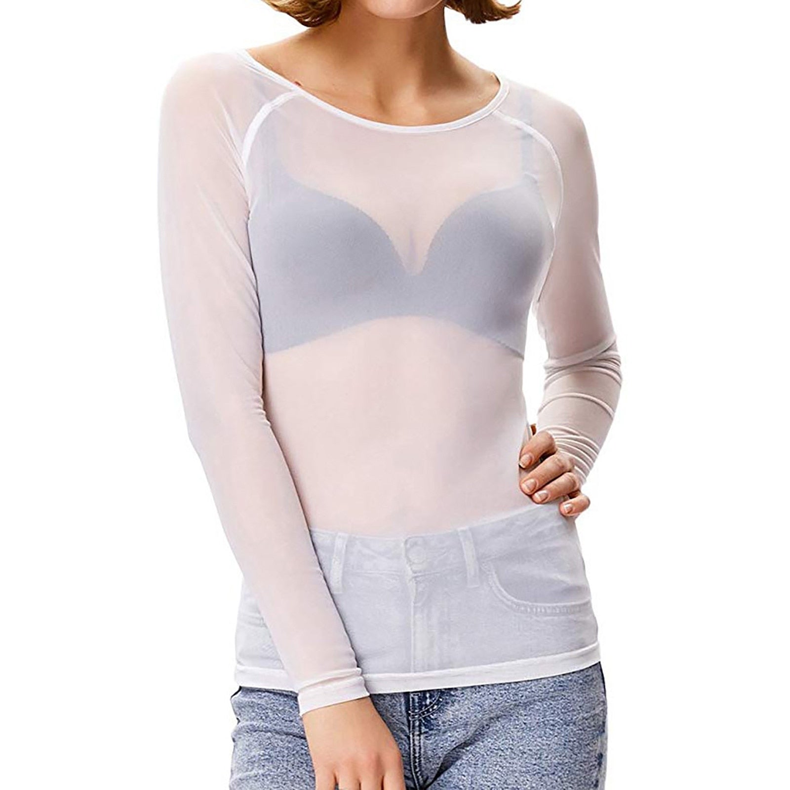 Haut Melinda femme en mesh brillant – Manches longues & style élégant