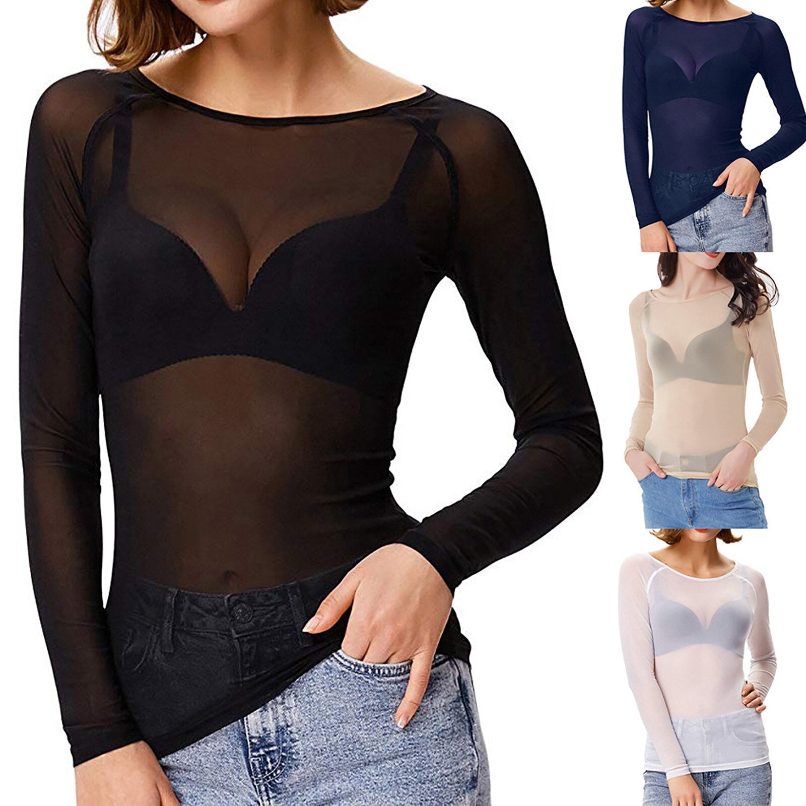 Haut Melinda femme en mesh brillant – Manches longues & style élégant