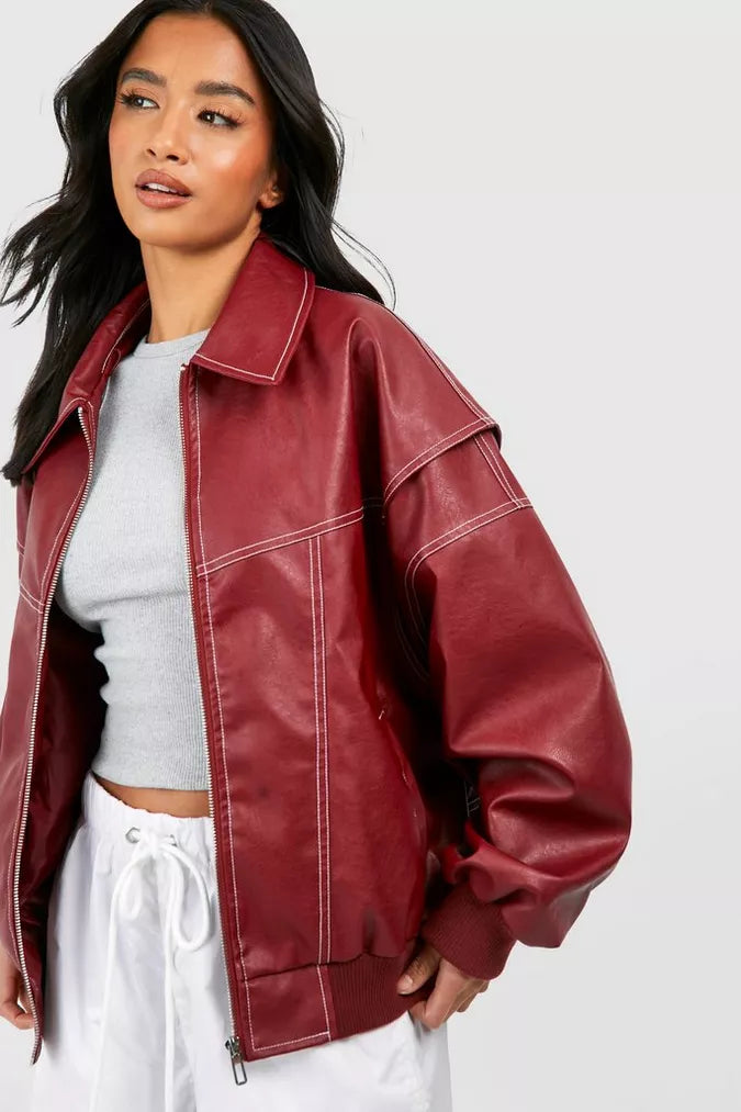 Manteau Zara femme – veste en cuir rouge oversize & design tendance